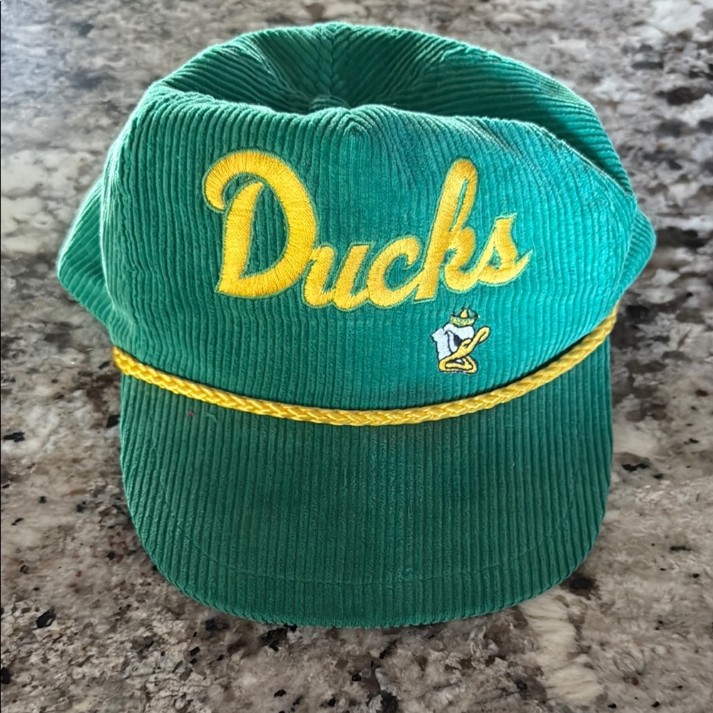 Green Corduroy Oregon Ducks Hat with Yellow Embroidery